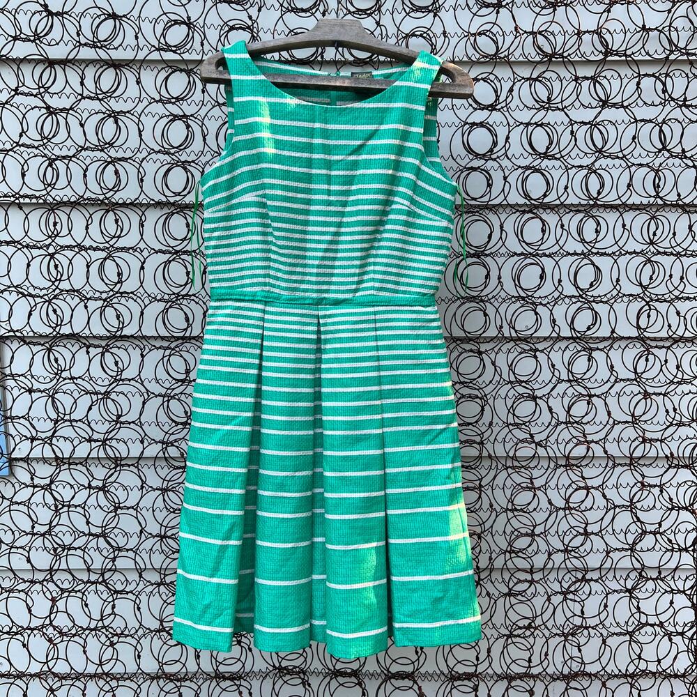 Taylor jacquard green white stripe box pleat sleeveless dress